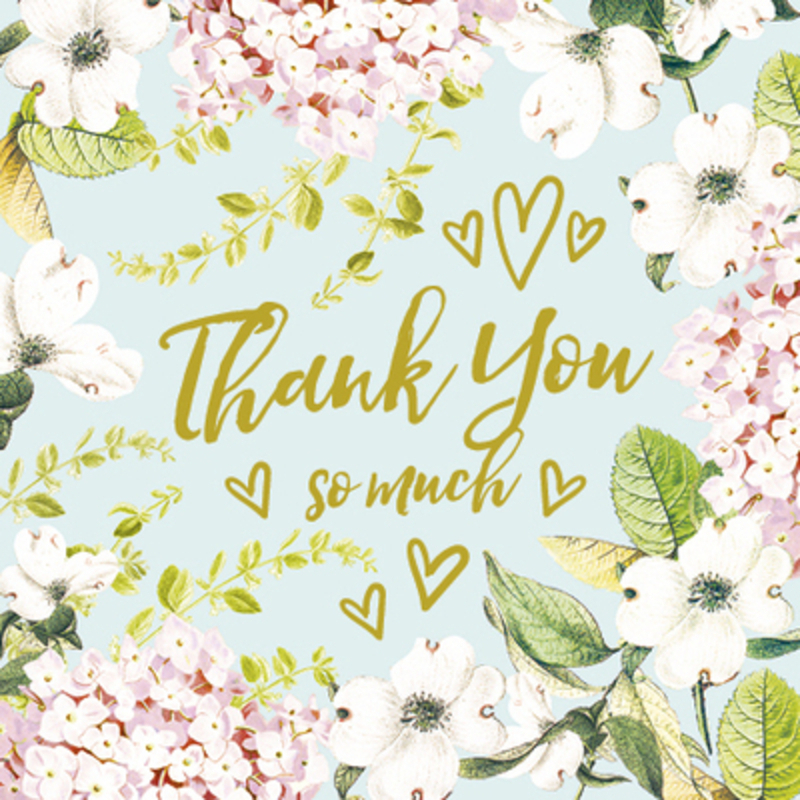 This Thank You greetings card from Paper Rose is decorated with florals on a pale green background and has Thank You So Much written on the front around gold hearts. The card has been left blank inside for you to write your own message. It comes complete with an envelope and is a lovely greetings card from Paper Rose to wish someone a thank you message.